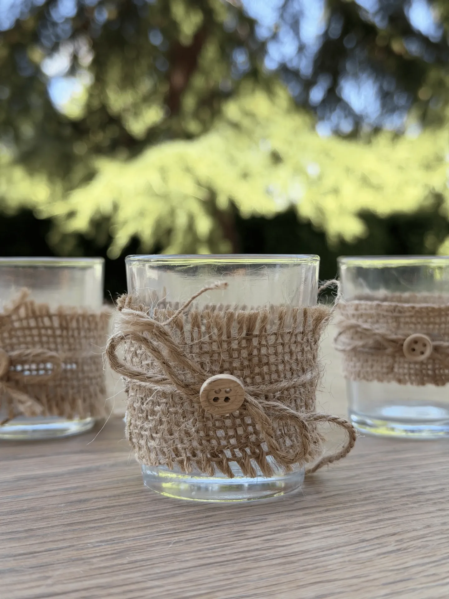 Trio de petits bougeoirs avec nœud en lin