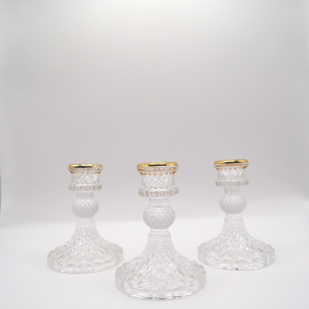 Trio de bougeoirs transparents à bout doré